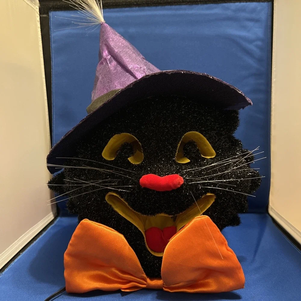 Dept 56 Halloween Black Cat Bow Tie Color Changing FIBER OPTIC Vintage 14x12